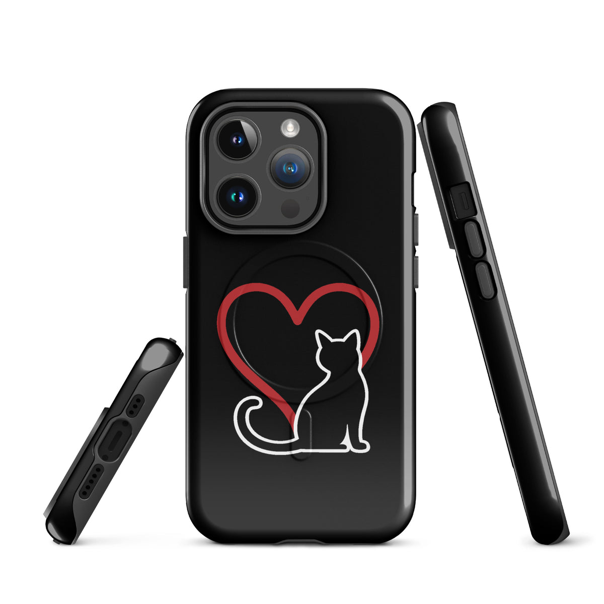 Magnetic Phone Case with elegant white cat and red heart design on black for iPhone, perfect for cat lovers seeking stylish protection.