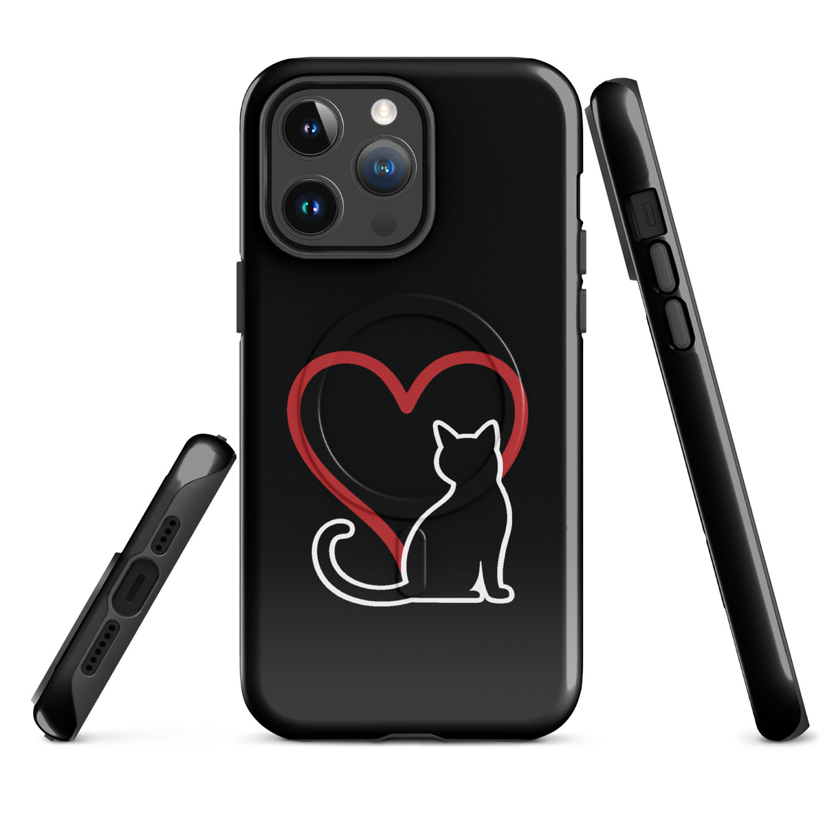 Magnetic Phone Case with white cat and red heart design for iPhone