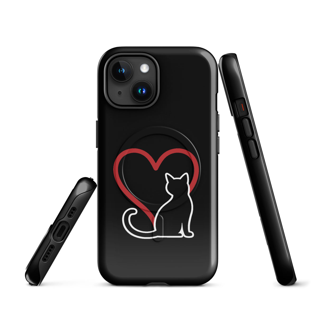 Magnetic Phone Case for iPhone with white cat and red heart design on black, perfect for cat lovers.
