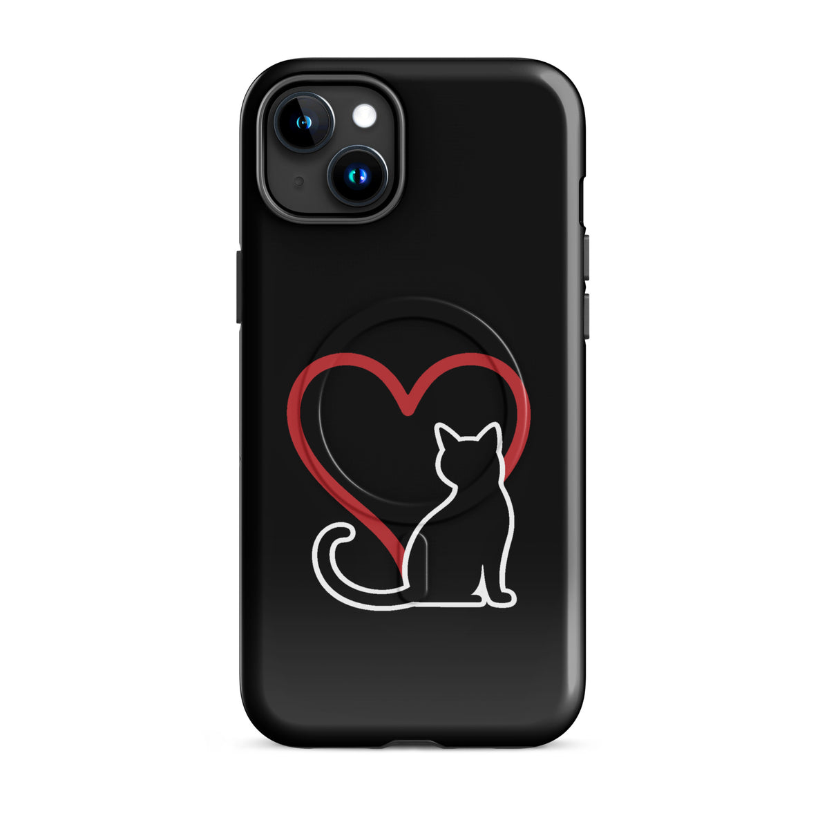 Magnetic Phone Case with white cat and red heart design on black background for iPhone.