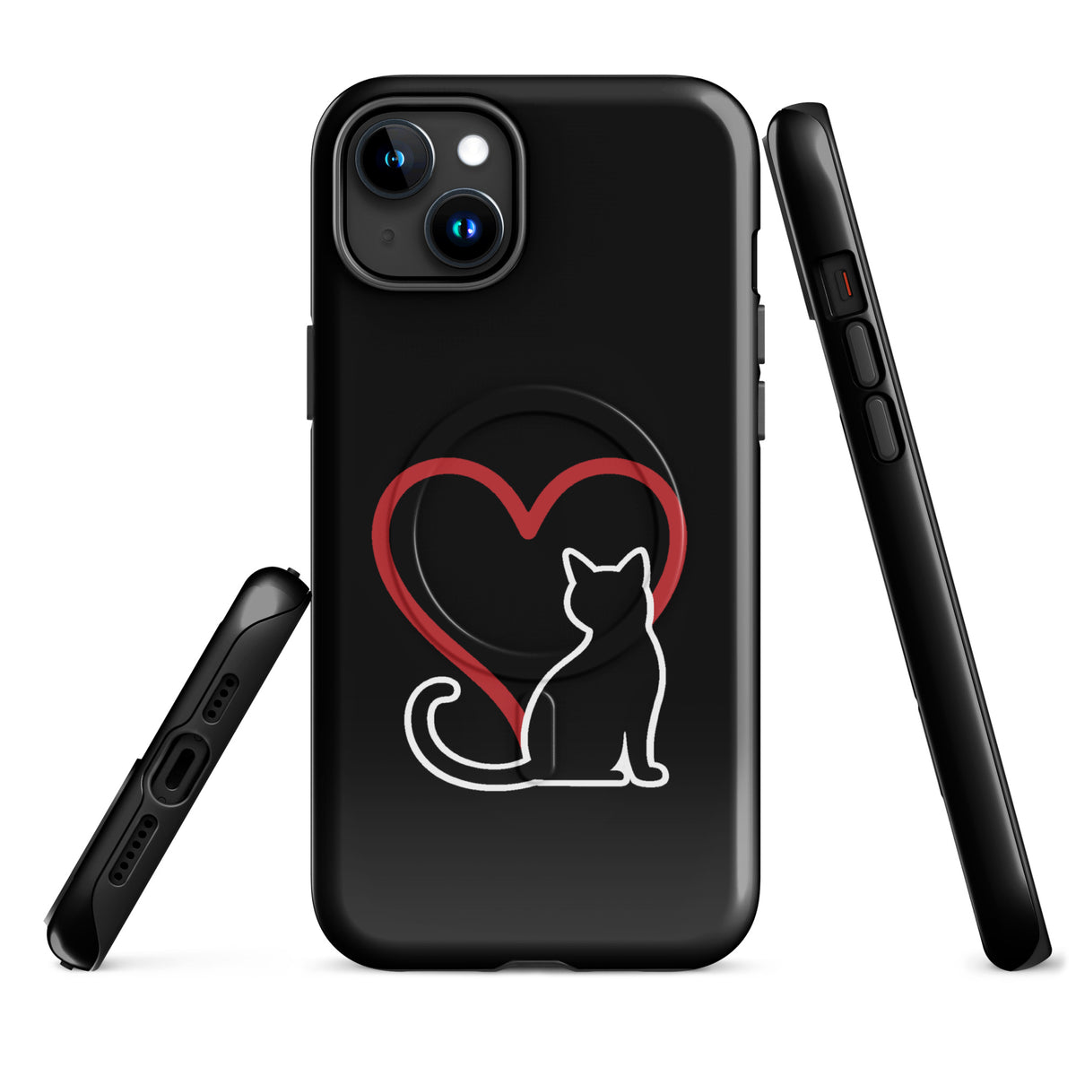 Magnetic Phone Case for iPhone with cat and heart design, elegant protection for cat lovers.