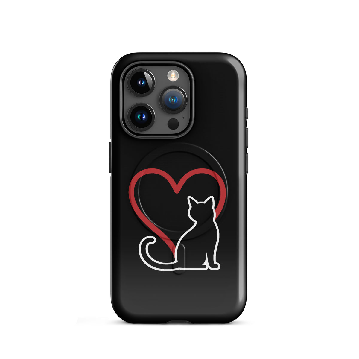 Magnetic Phone Case for iPhone featuring white cat and red heart design on black background, perfect for cat lovers.