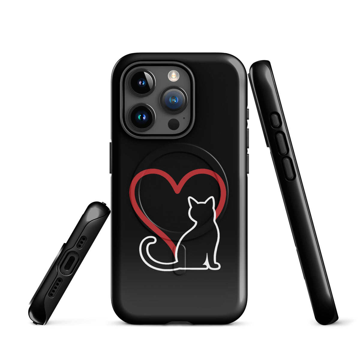 Magnetic Phone Case with white cat and red heart design on black for iPhone.