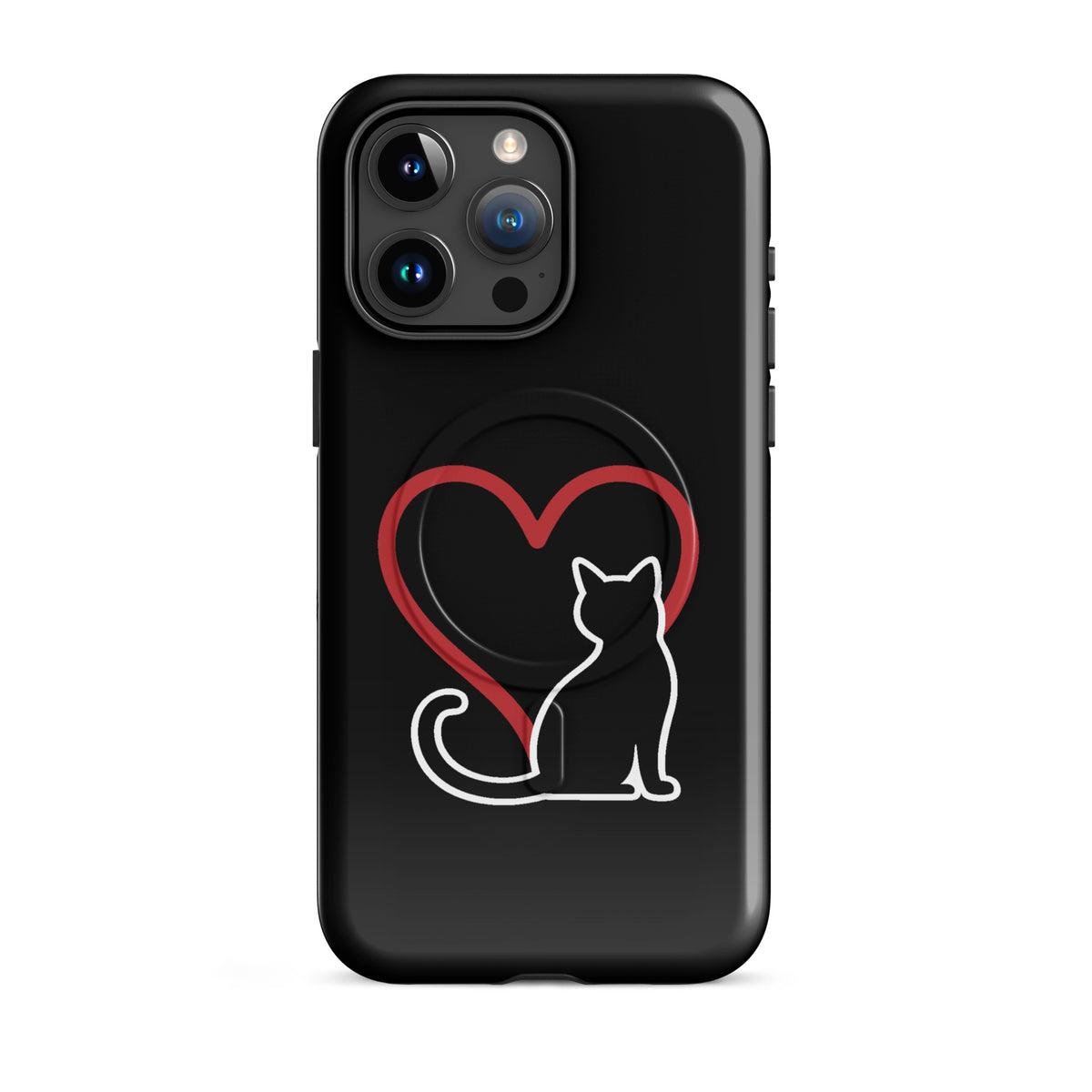 Magnetic Phone Case featuring a minimalist cat and heart design on a black background, ideal for stylish protection and cat lovers.