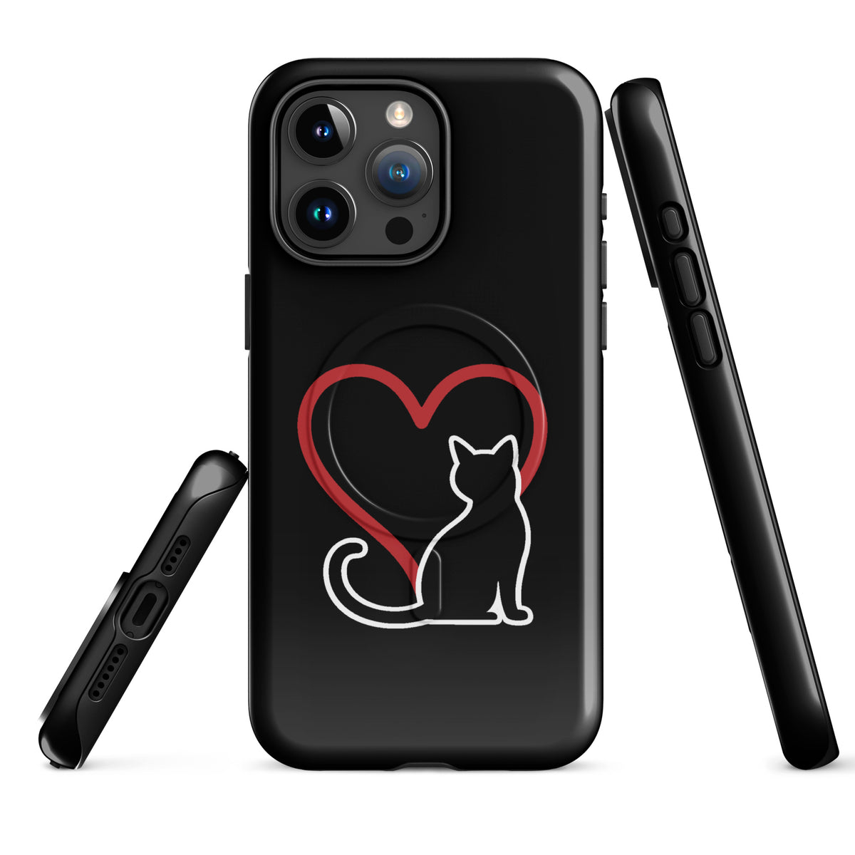 Magnetic Phone Case for iPhone featuring a white cat and red heart design, elegant protection for cat lovers, luxury craftsmanship.