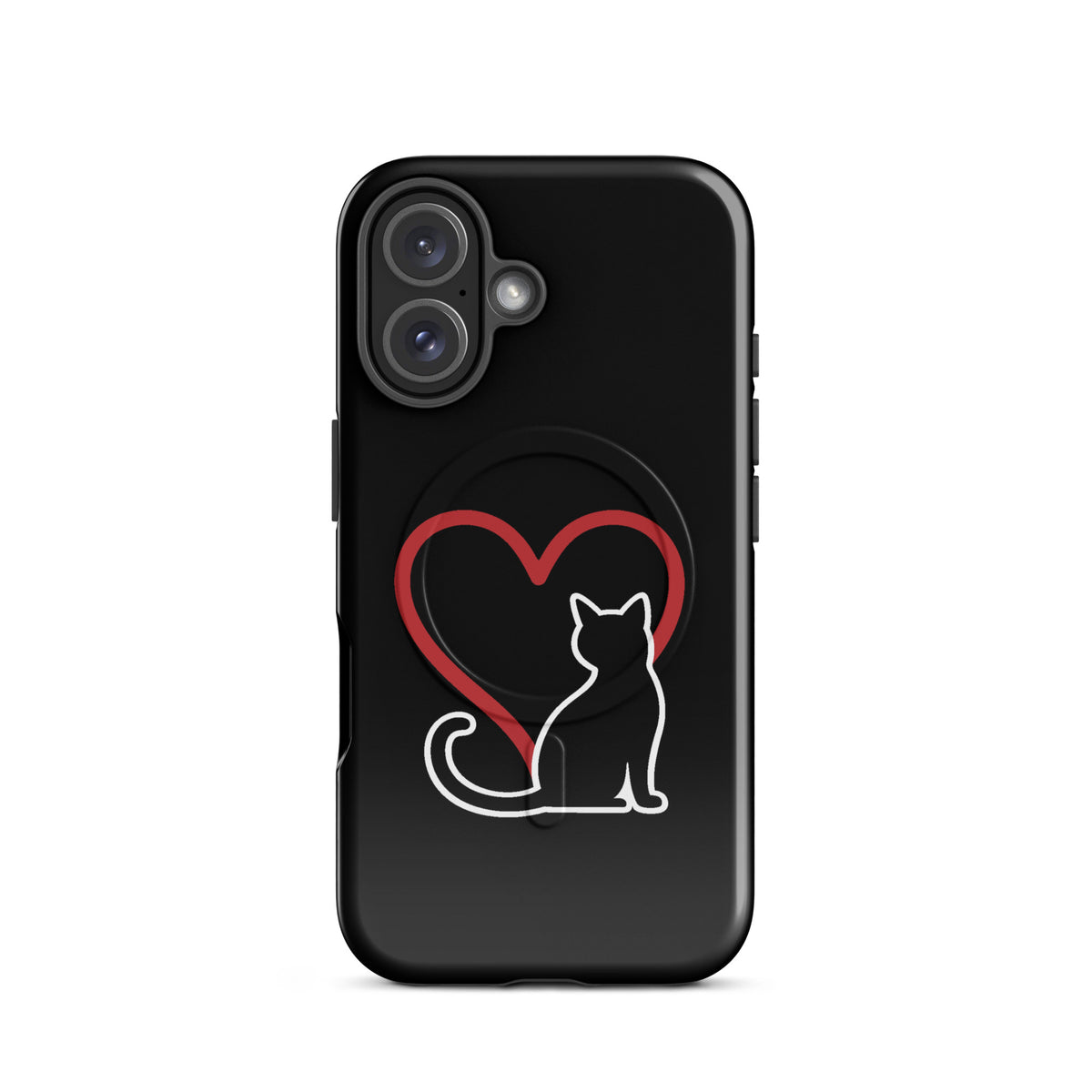 Magnetic Phone Case with black cat outline and red heart design for iPhone