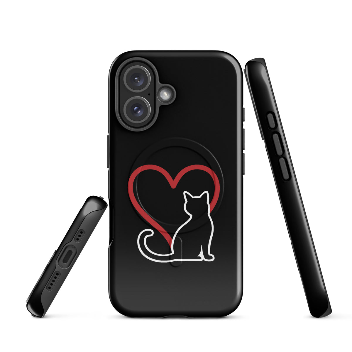 Magnetic Phone Case for iPhone with white cat and red heart design on black background