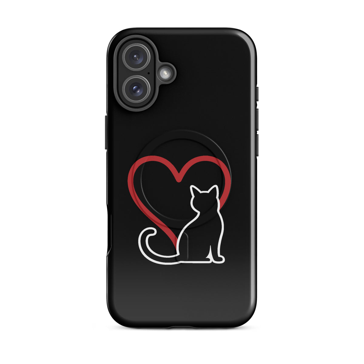 Magnetic Phone Case for iPhone with cat and heart design on black background, perfect for cat lovers seeking elegant protection.