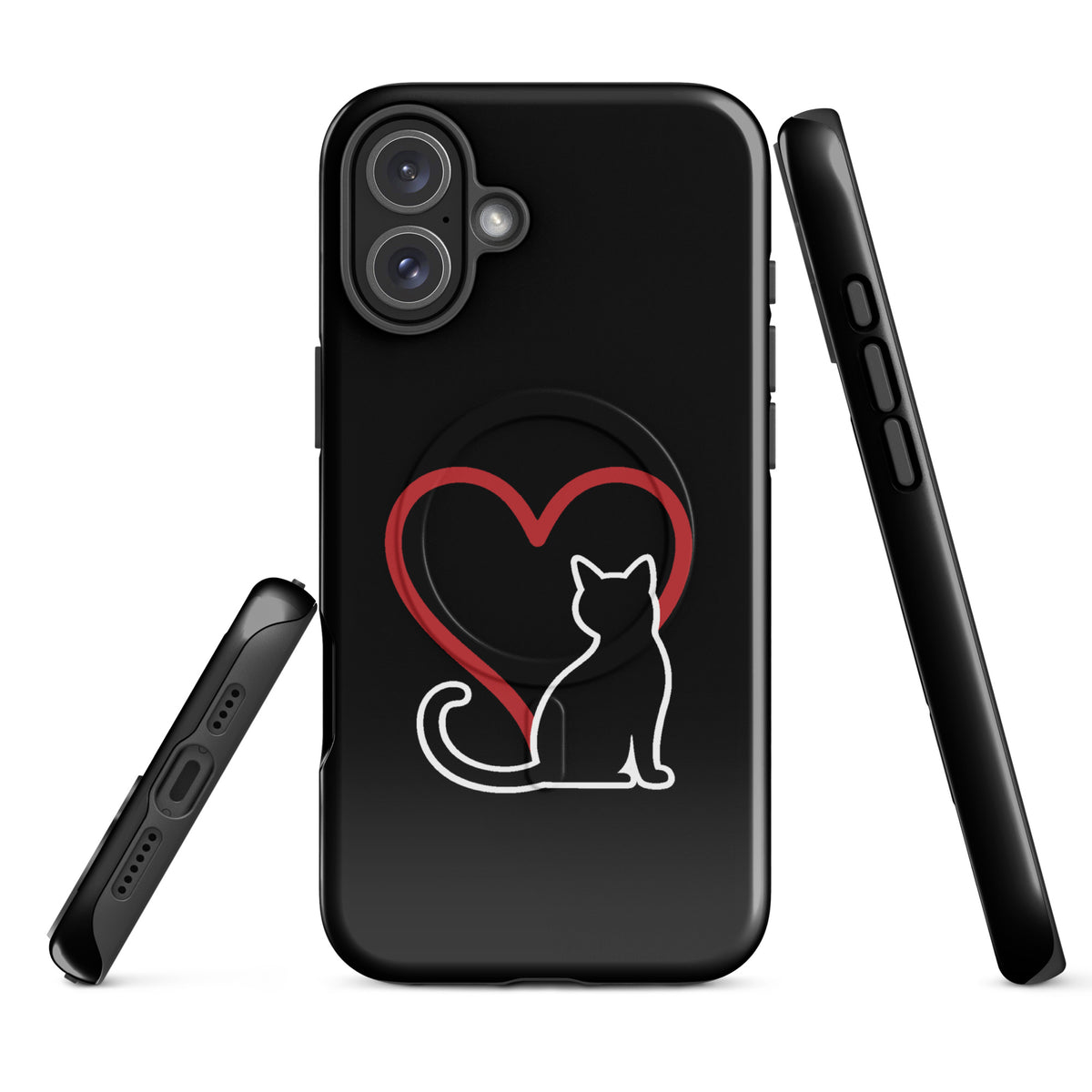 Magnetic Phone Case for iPhone with white cat and red heart design on black background, perfect for cat lovers
