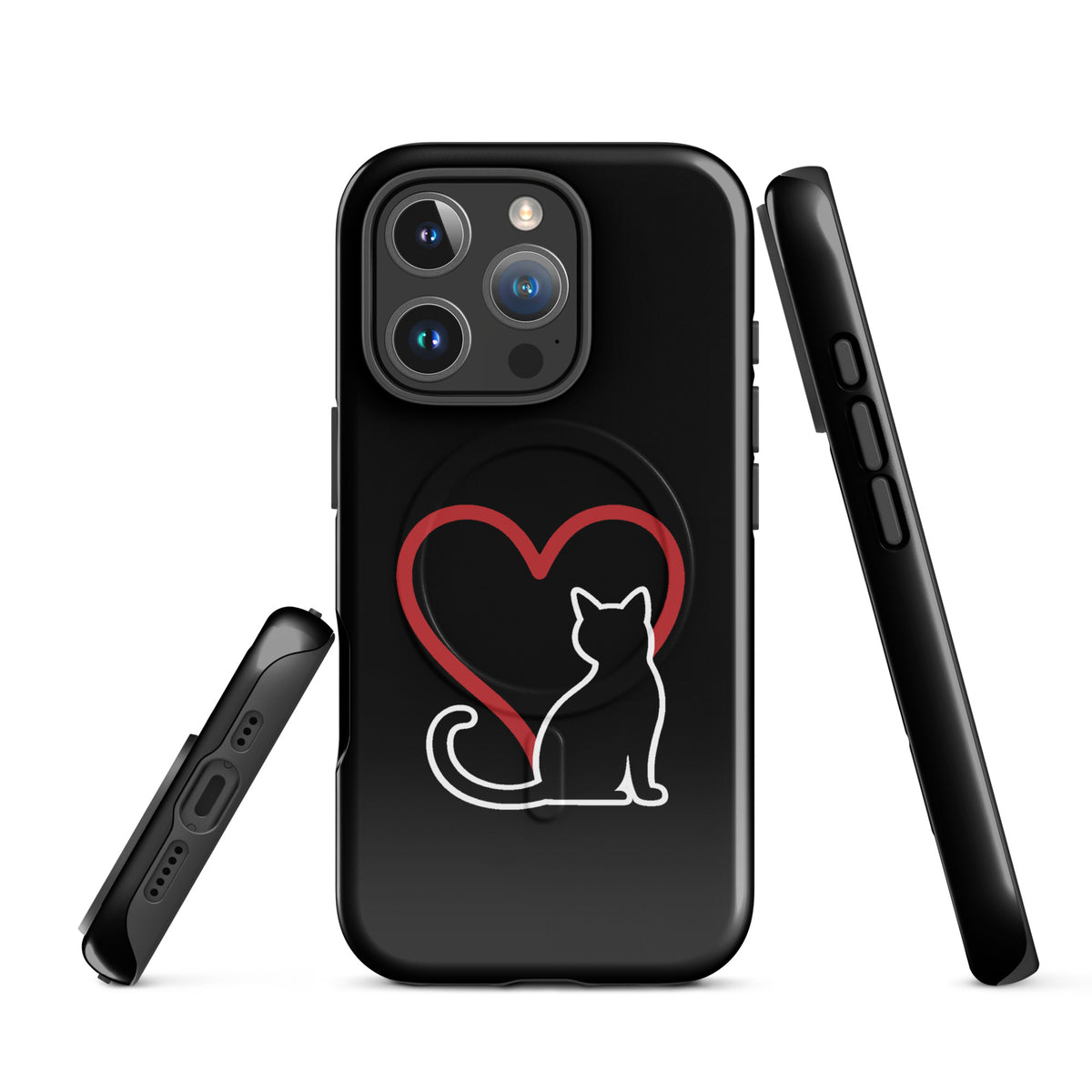 Magnetic Phone Case for iPhone with white cat and red heart design on black background