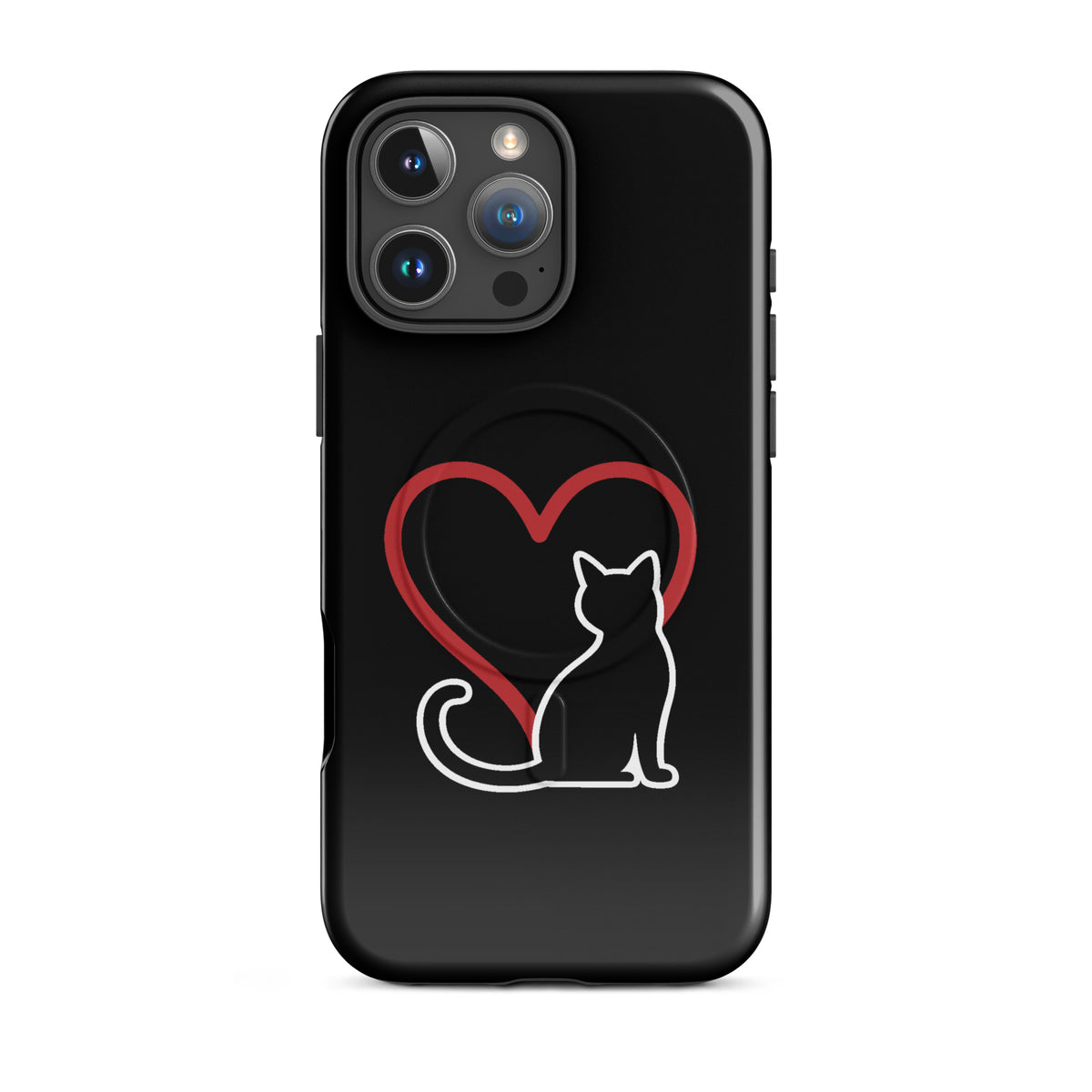 Magnetic Phone Case for iPhone with white cat and red heart design, perfect for cat lovers, elegant protection with minimalist artwork.