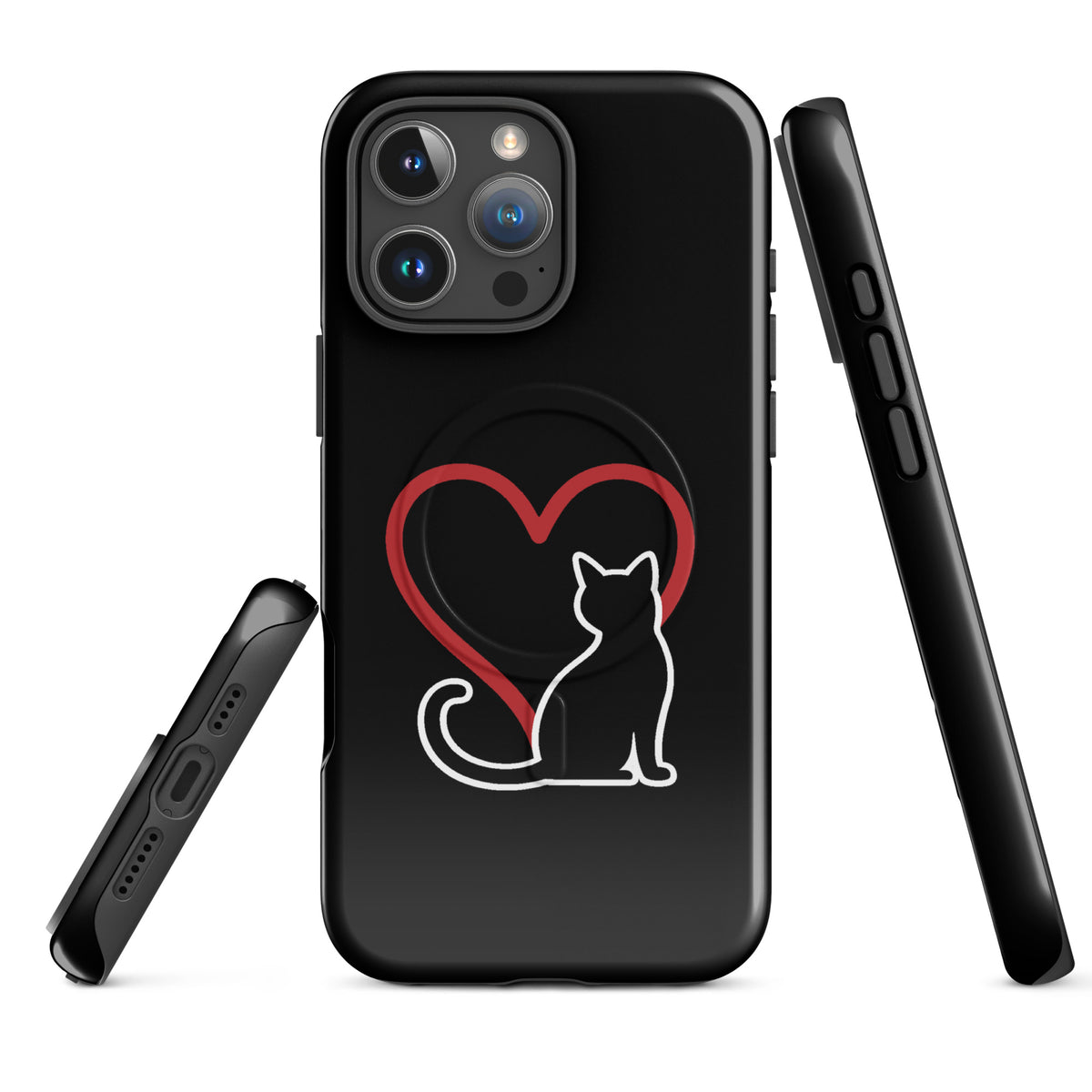 Magnetic Phone Case with black cat and red heart design for iPhone, ideal for cat lovers seeking elegant protection.