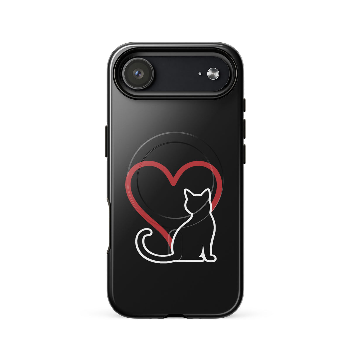 Magnetic Phone Case with white cat and red heart design on black background.