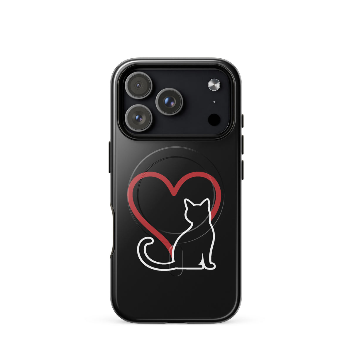 Magnetic Phone Case for iPhone featuring a white cat and red heart on a black background, perfect for cat lovers seeking elegant protection.