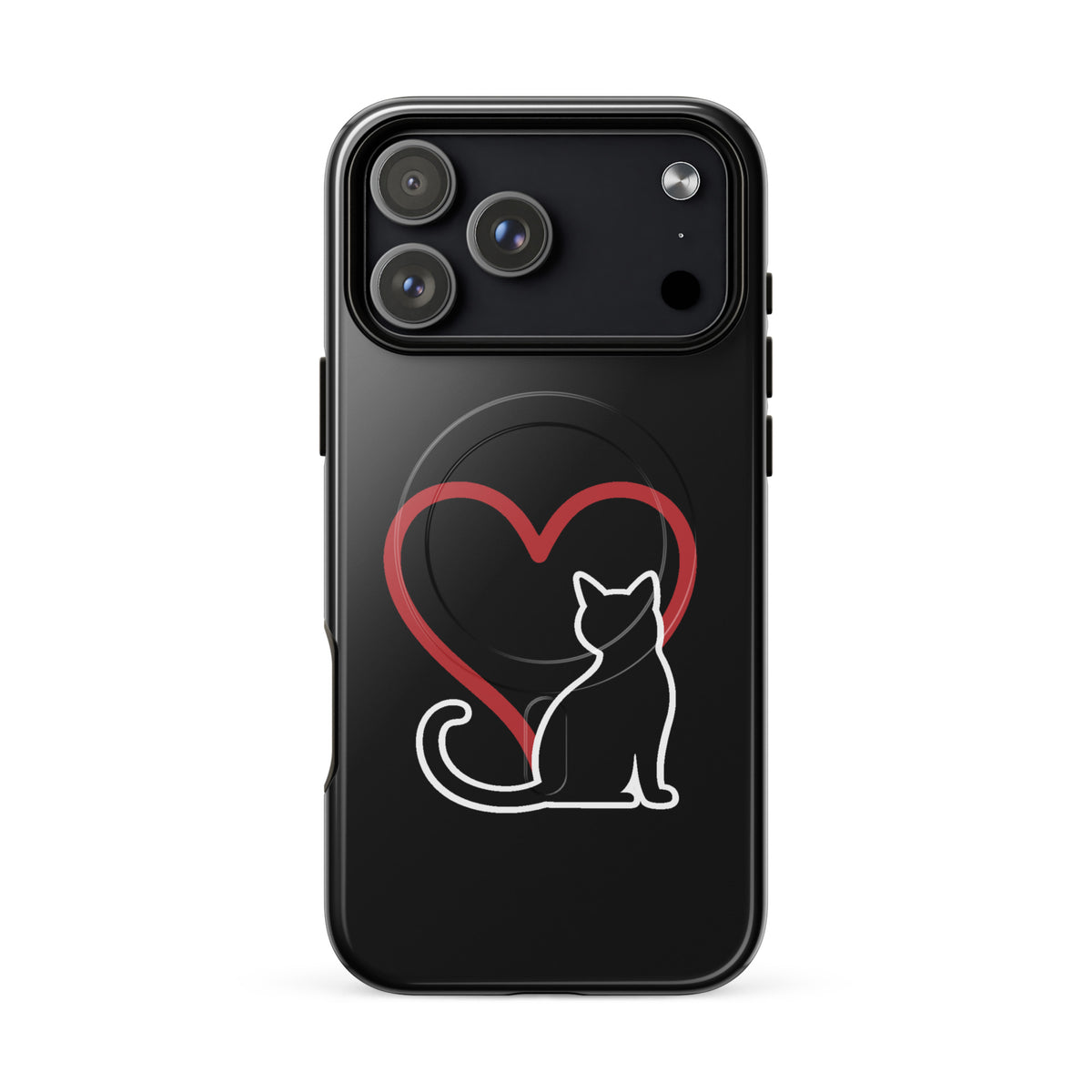 Magnetic Phone Case with white cat and red heart design for iPhone, perfect for cat lovers seeking elegant and artistic protection.