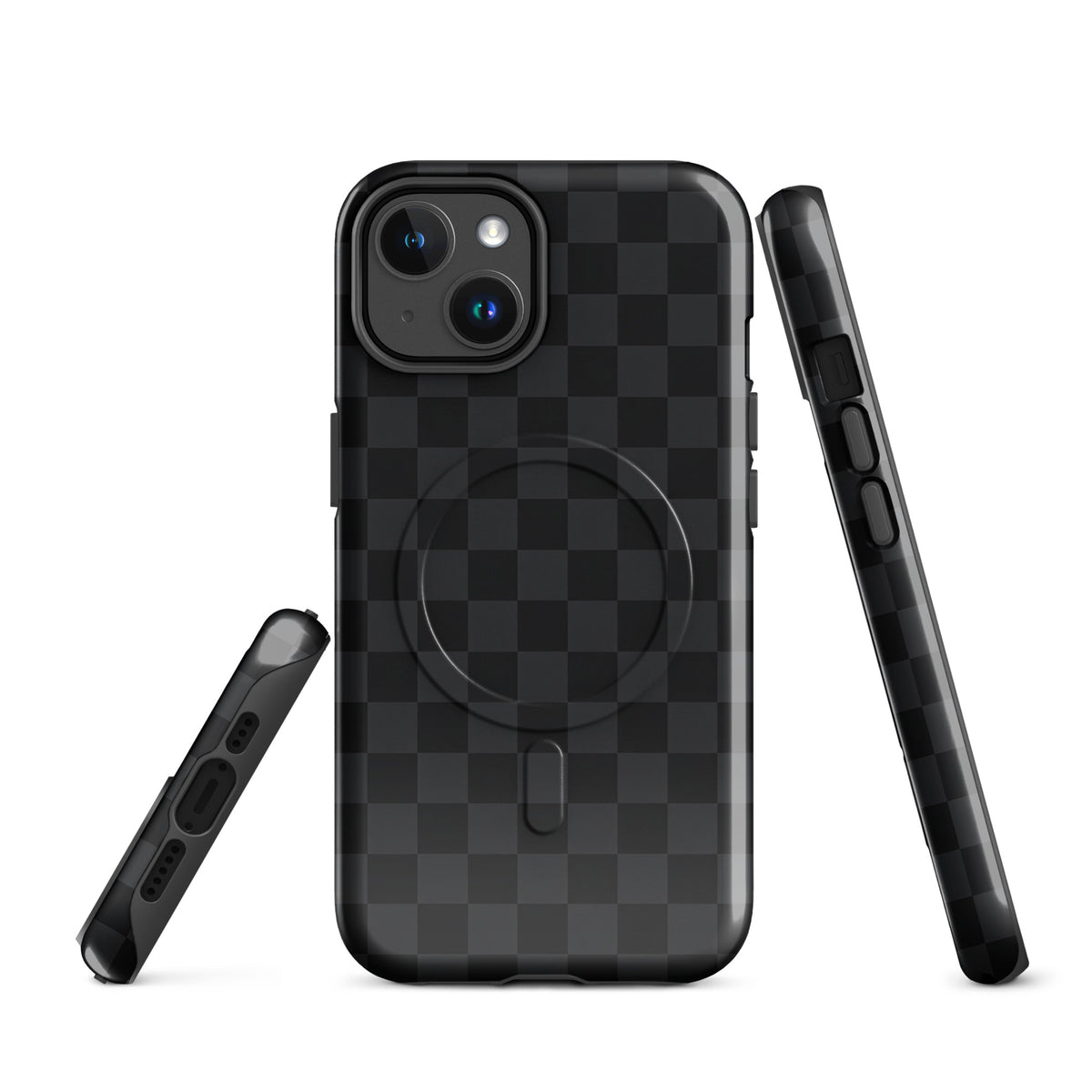 Magnetic Phone Case for iPhone in black and charcoal checkered design, showing front and side views, sleek and modern protection accessory.