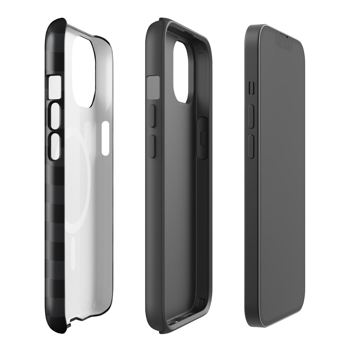 Magnetic Phone Case with black and charcoal checkered design for iPhone, shown from multiple angles.