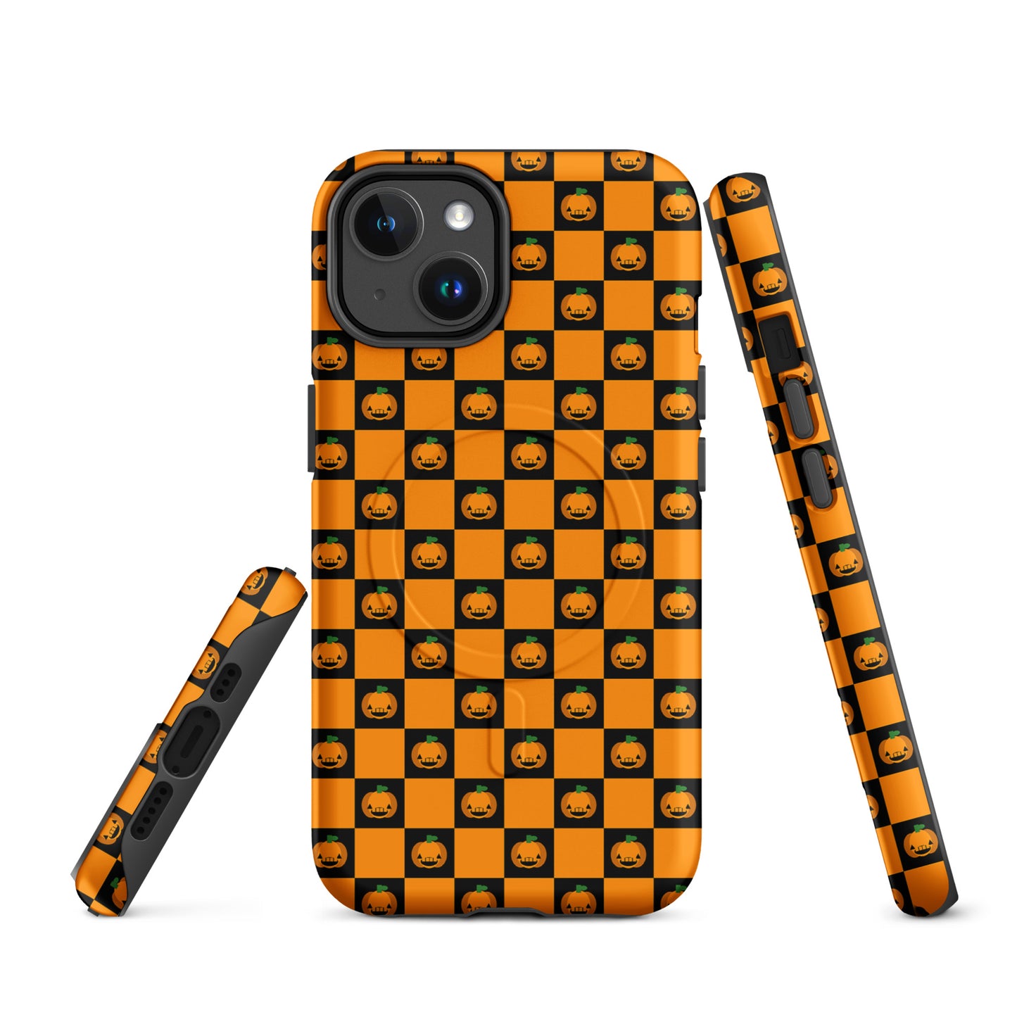 Magnetic Phone Case with pumpkin checkered Halloween design for iPhone, featuring orange and black squares and jack-o'-lanterns.