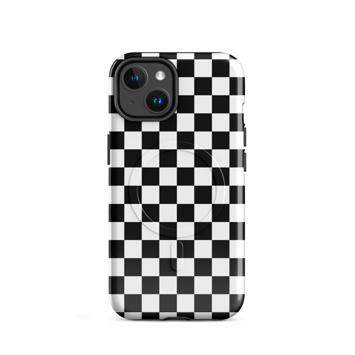 Magnetic Phone Case with bold checkered pattern for iPhone, offering style and protection in black and white racing design.