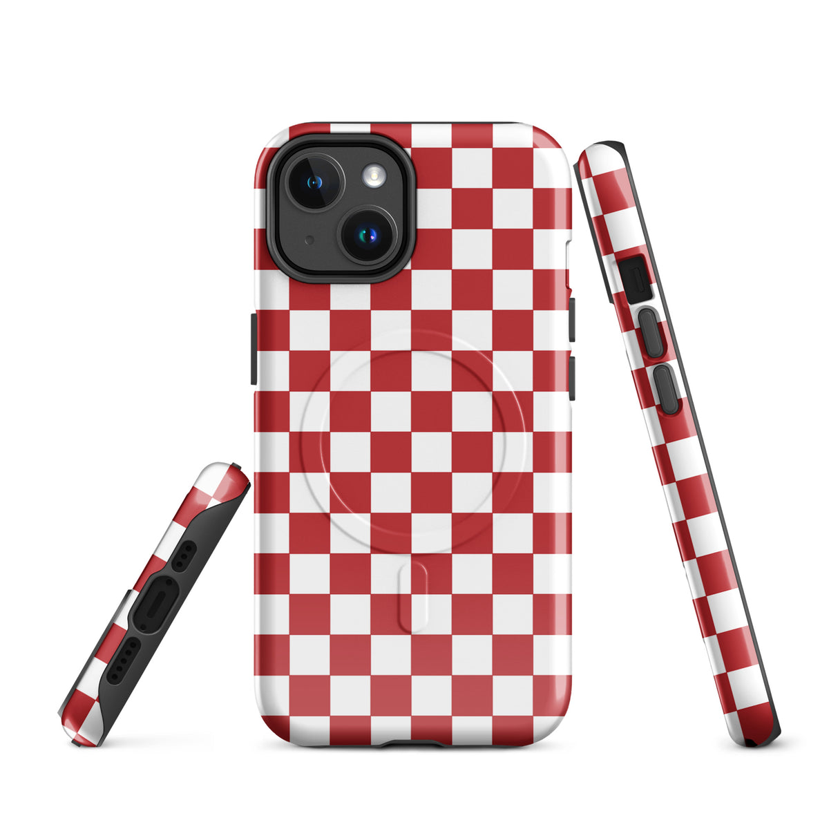 Magnetic Phone Case in crimson red checkered design for iPhone displayed in various angles with bold pattern.