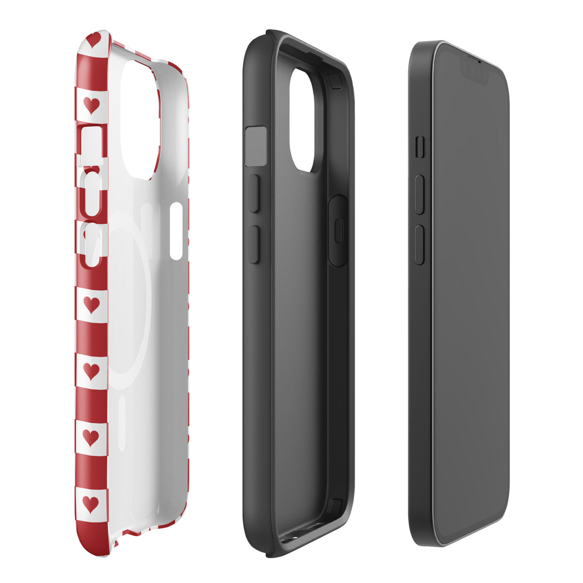 Magnetic Phone Case with cute red-and-white checkered design featuring red hearts, shown in three pieces for iPhone.