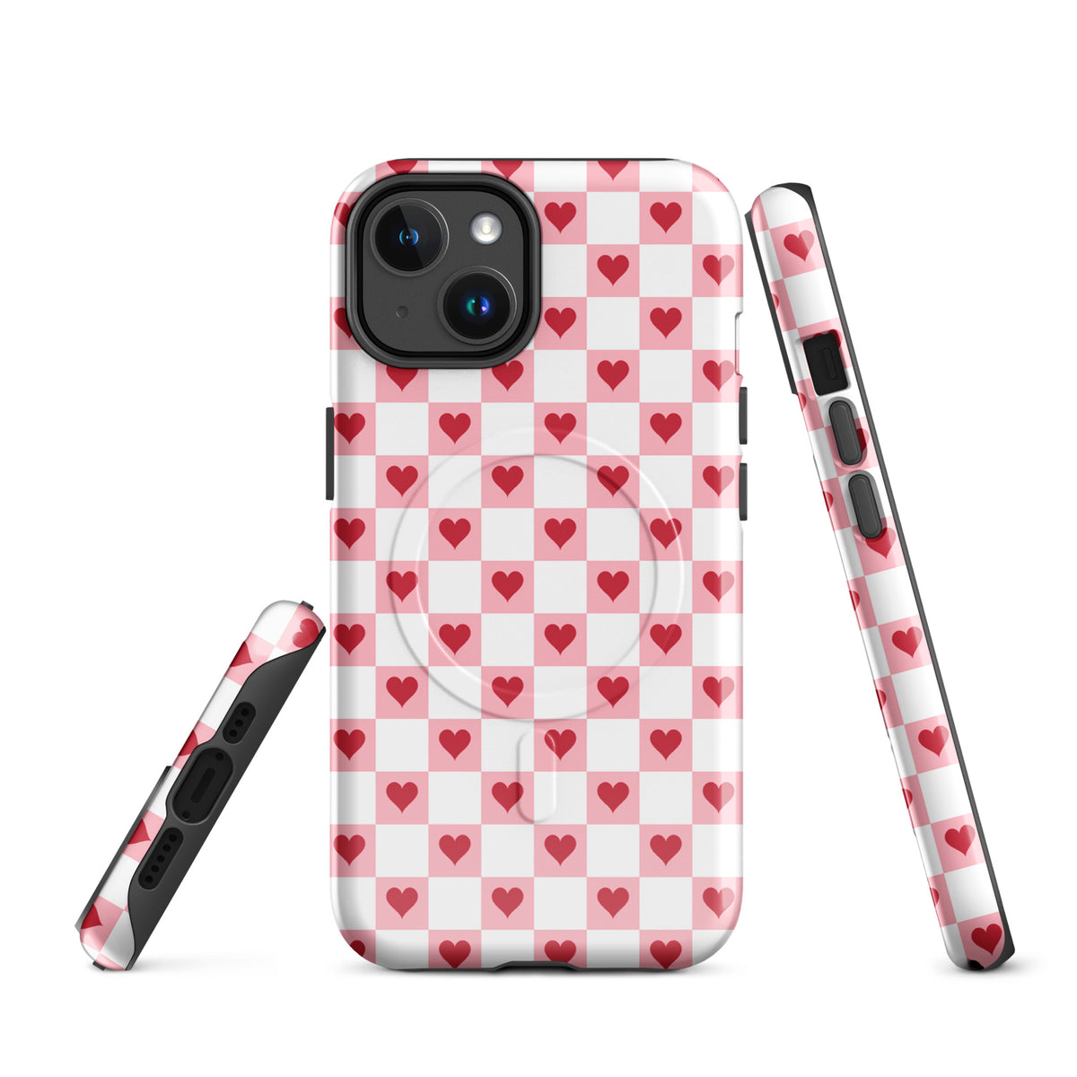 Magnetic Phone Case for iPhone in pink-and-white with red hearts checkered pattern, showcasing charm and playful design for style lovers.