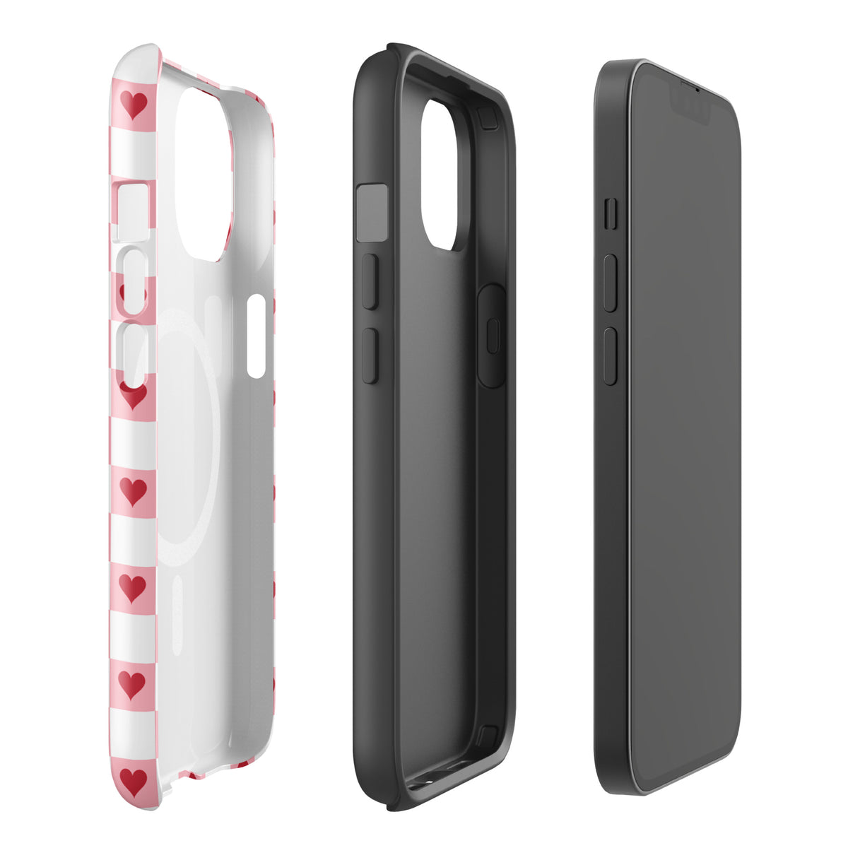 Magnetic Phone Case for iPhone with pink-and-white red hearts checkered pattern, showcasing charming, playful design.