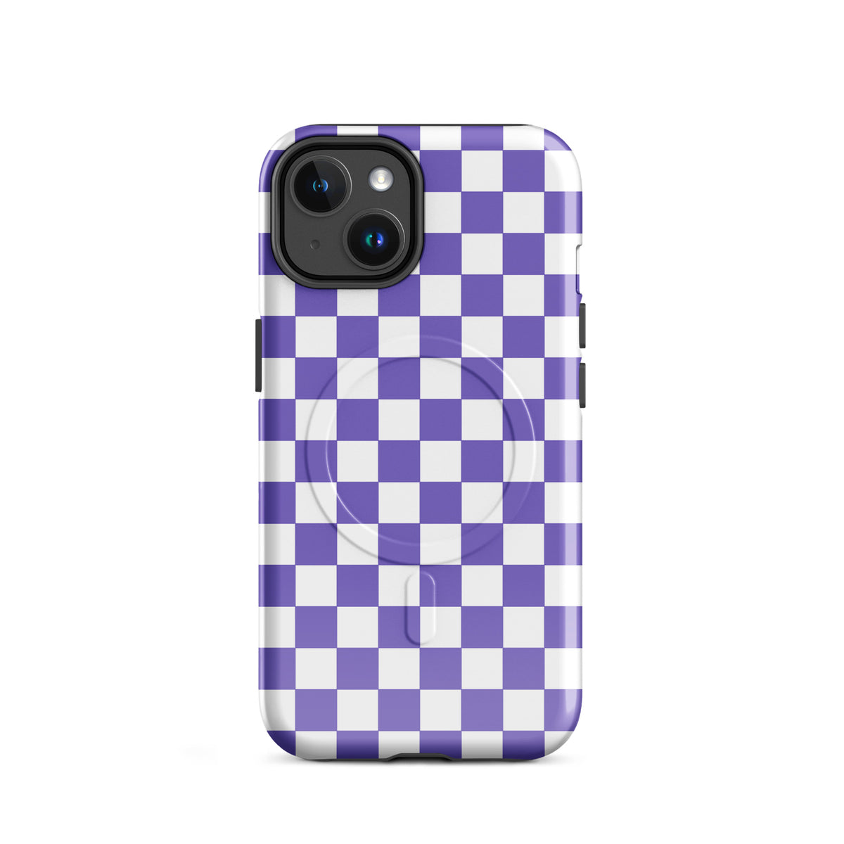 Magnetic Phone Case with purple and white checkered pattern for iPhone, stylish and playful design.