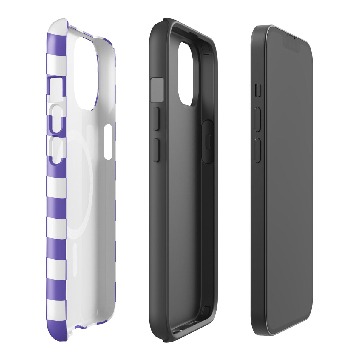 Magnetic Phone Case for iPhone with purple and white checkered design, showcasing stylish protection.