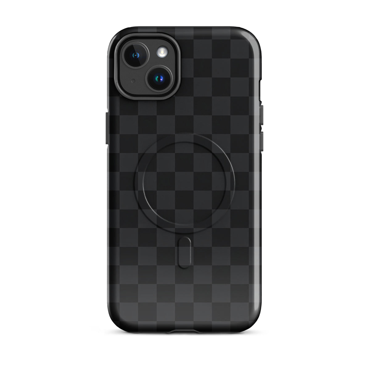 Magnetic Phone Case in black and charcoal checkered design for iPhone, offering sleek, modern protection and style.