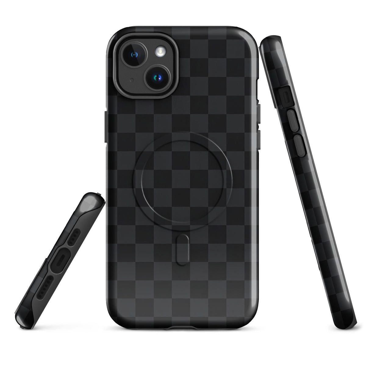 Magnetic Phone Case with black and charcoal checkered design for iPhone, showcasing sleek modern protection and style.
