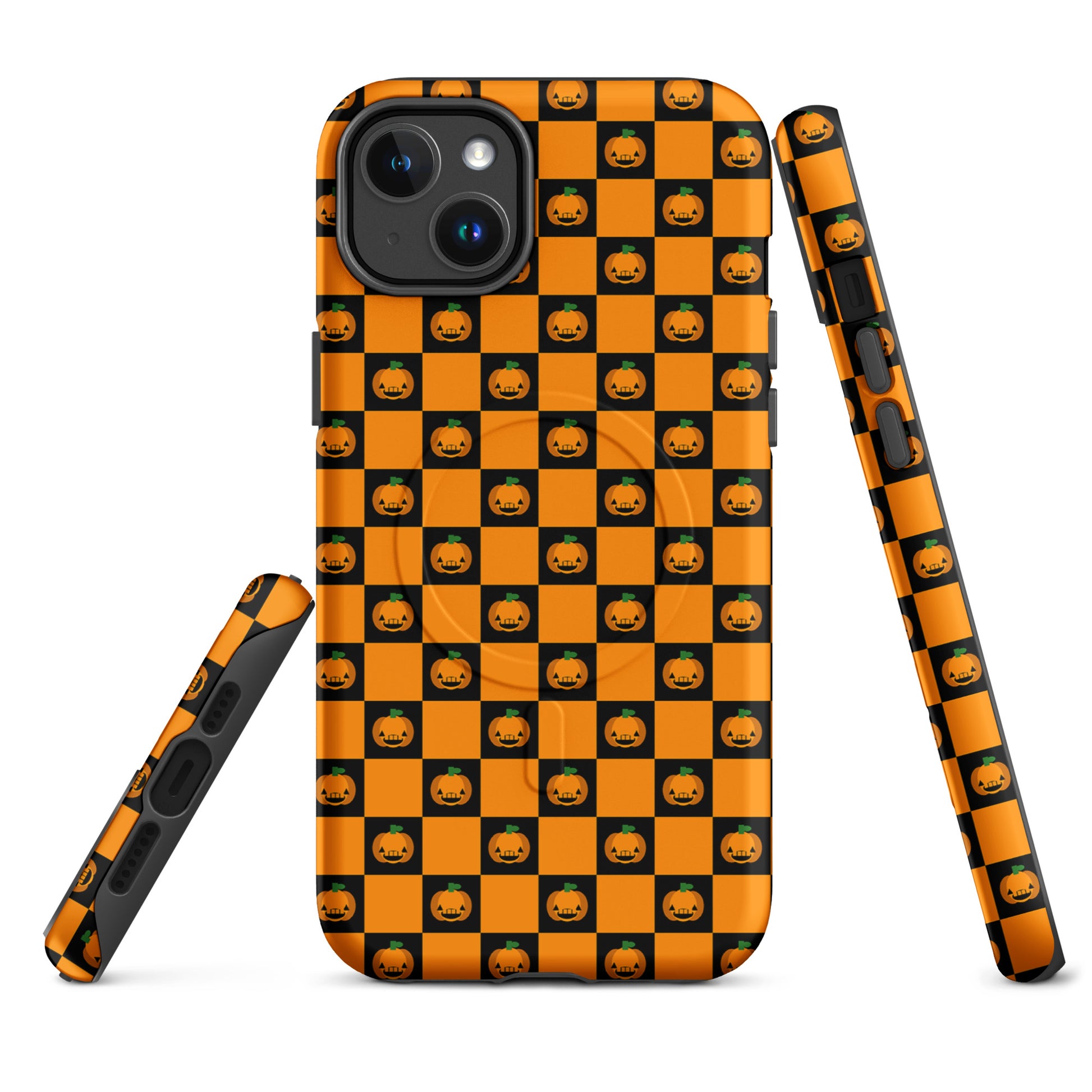 Magnetic Phone Case for iPhone in Pumpkin Checkered Halloween Design with Jack‑o’-lantern Faces.