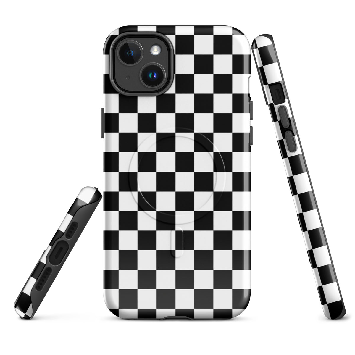 Bold checkered Magnetic Phone Case for iPhone with black-and-white racing design, enhancing style and protection for your device.
