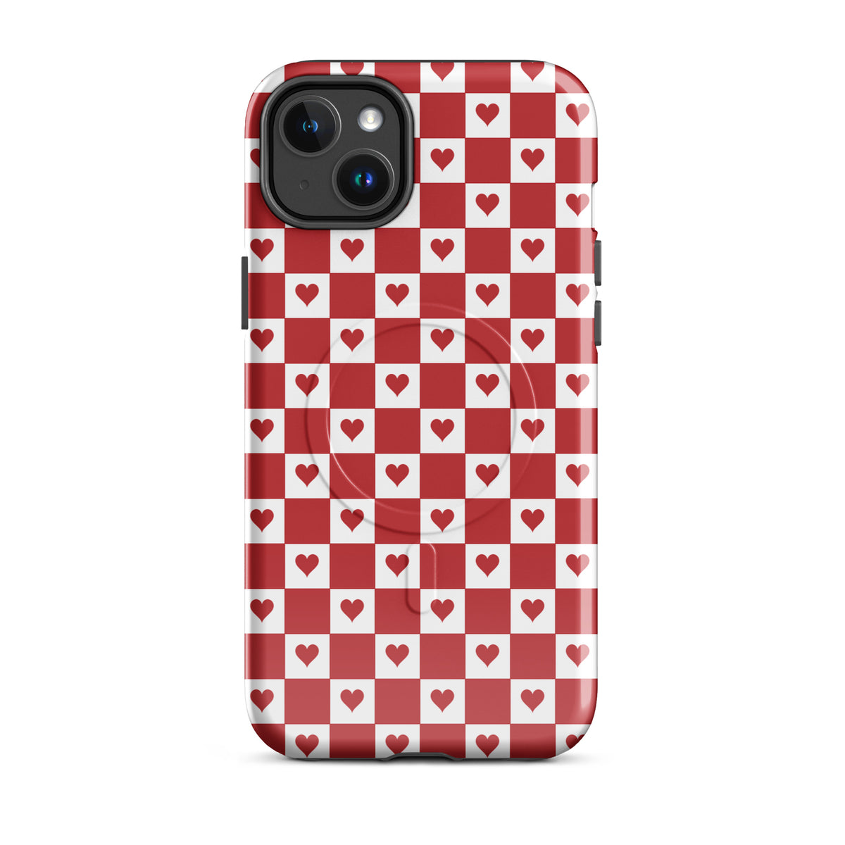 Magnetic Phone Case with cute red heart checkered design for iPhone, featuring charming red and white squares with tiny crimson hearts.