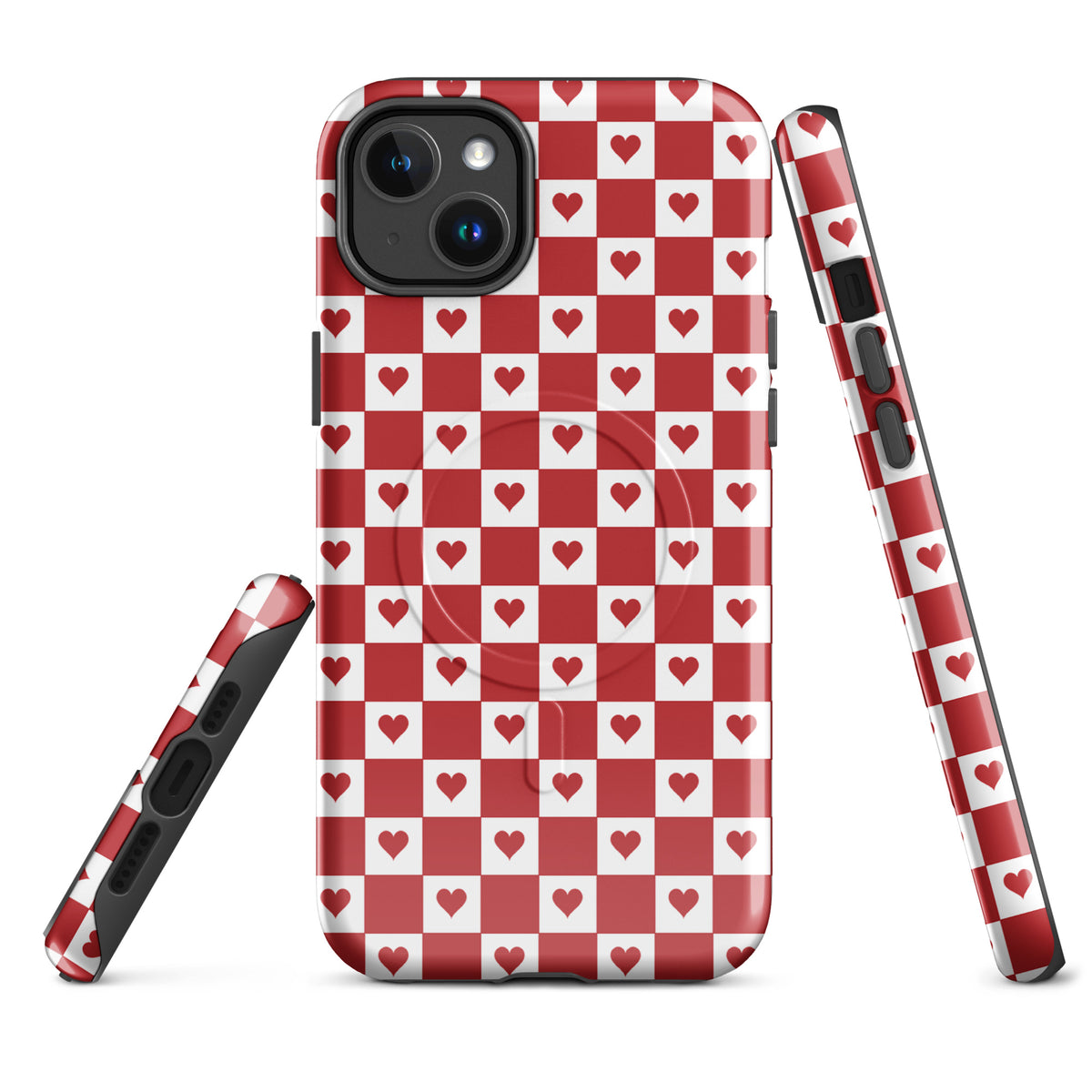 Magnetic Phone Case for iPhone with red heart checkered design, featuring white squares with crimson hearts in playful pattern.