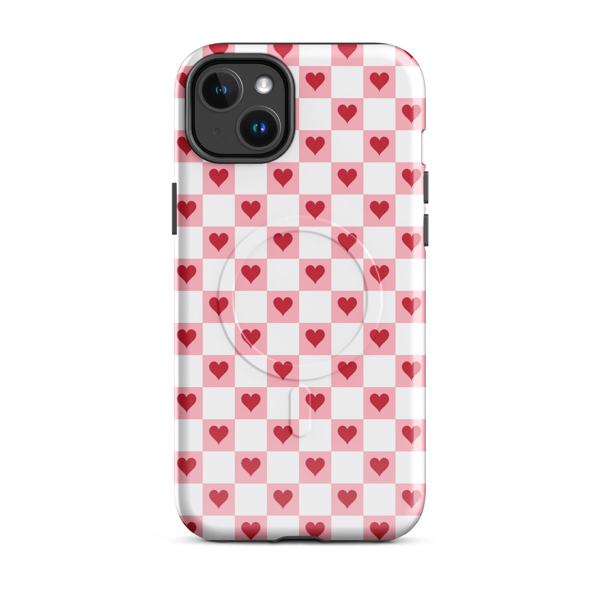 Magnetic Phone Case for iPhone with pink-and-white checkered design and red hearts pattern.