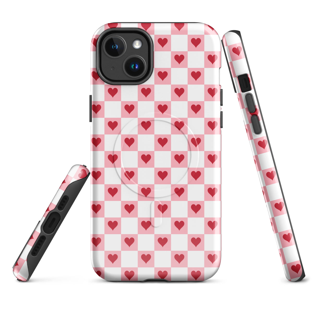 Magnetic Phone Case for iPhone with pink-and-white red hearts checkered design