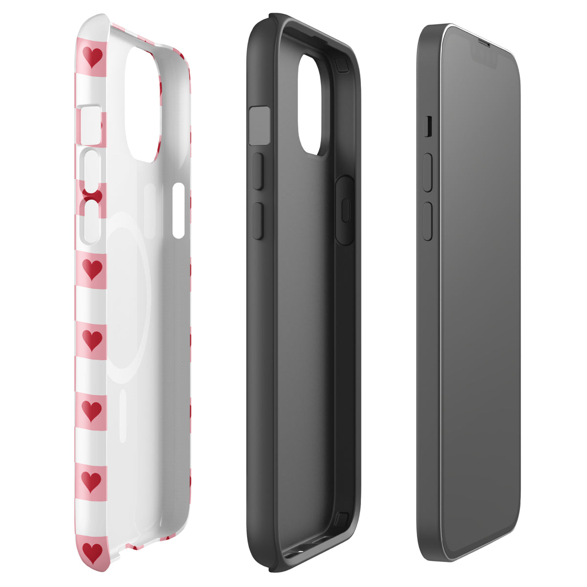 Magnetic Phone Case for iPhone in pink-and-white with red hearts checkered design, showing front, back, and inside view.
