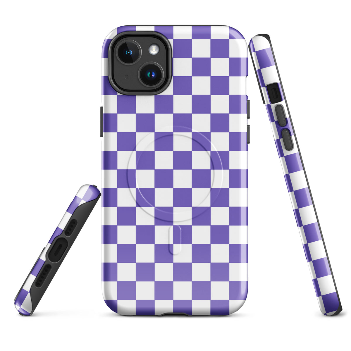 Magnetic Phone Case with purple & white checkered pattern for iPhone, enhancing style and fashion with playful design.