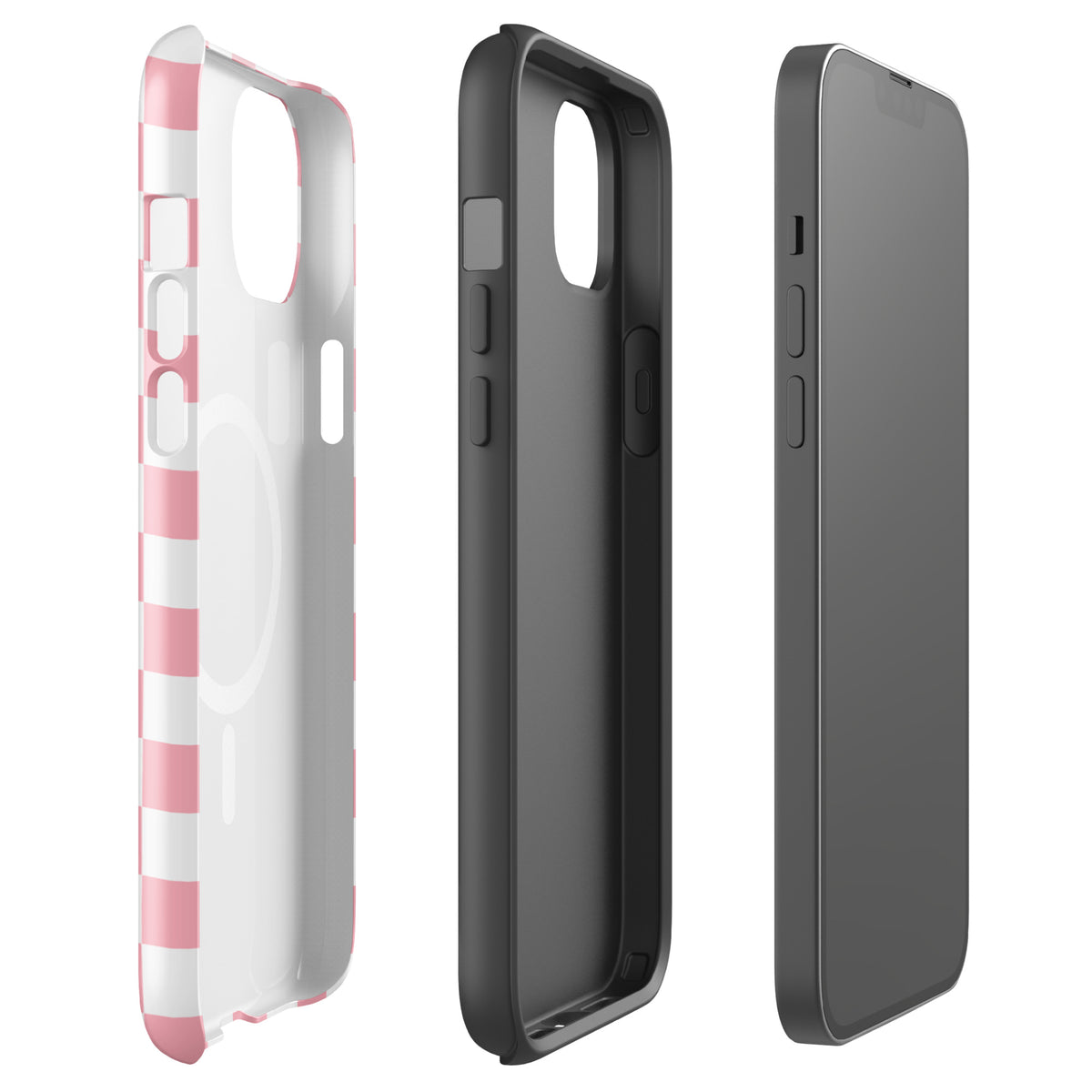Magnetic Phone Case for iPhone with playful pink and white checkered design, shown disassembled to highlight features.