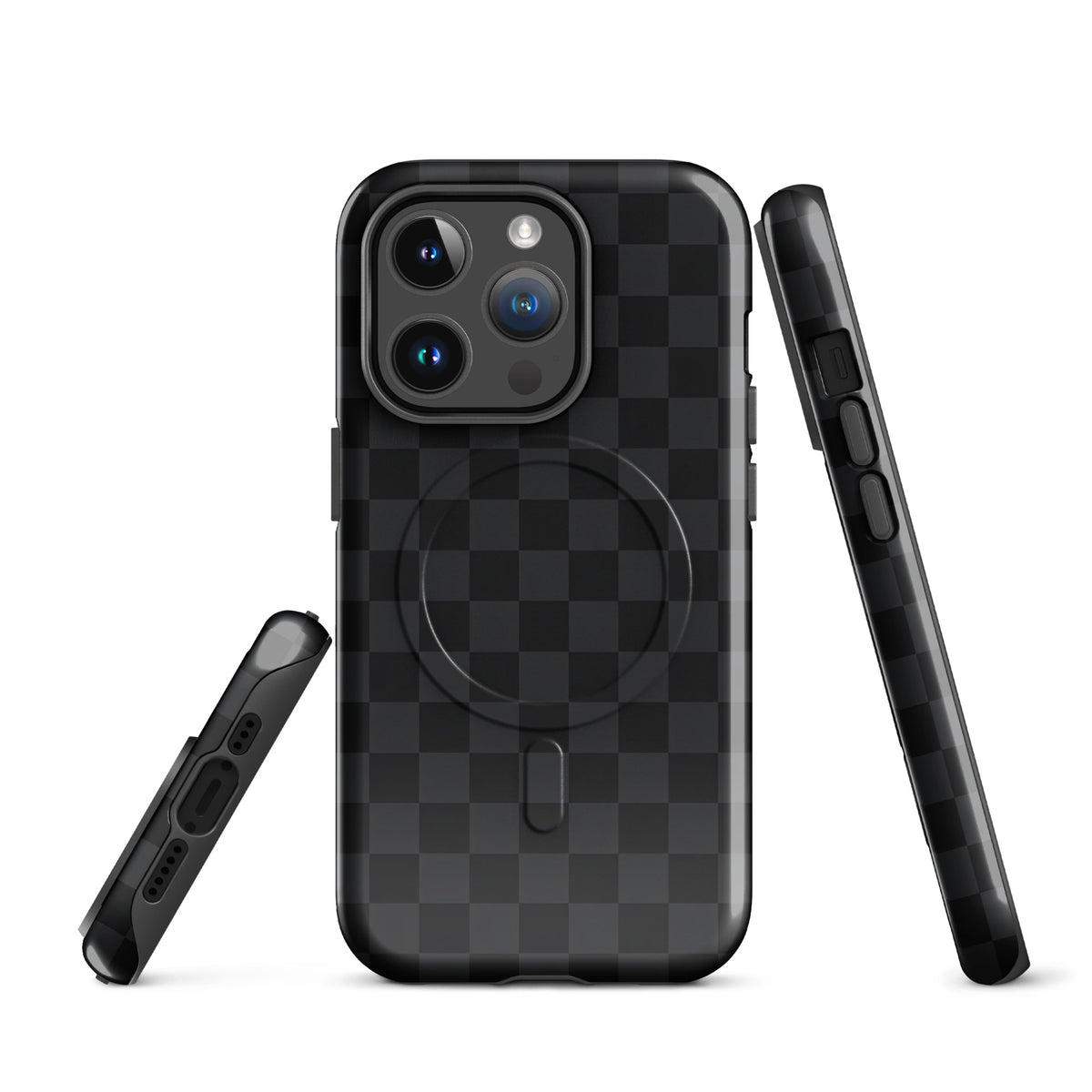 Magnetic Phone Case for iPhone in black and charcoal checkered design, showcasing sleek, modern protection and style.
