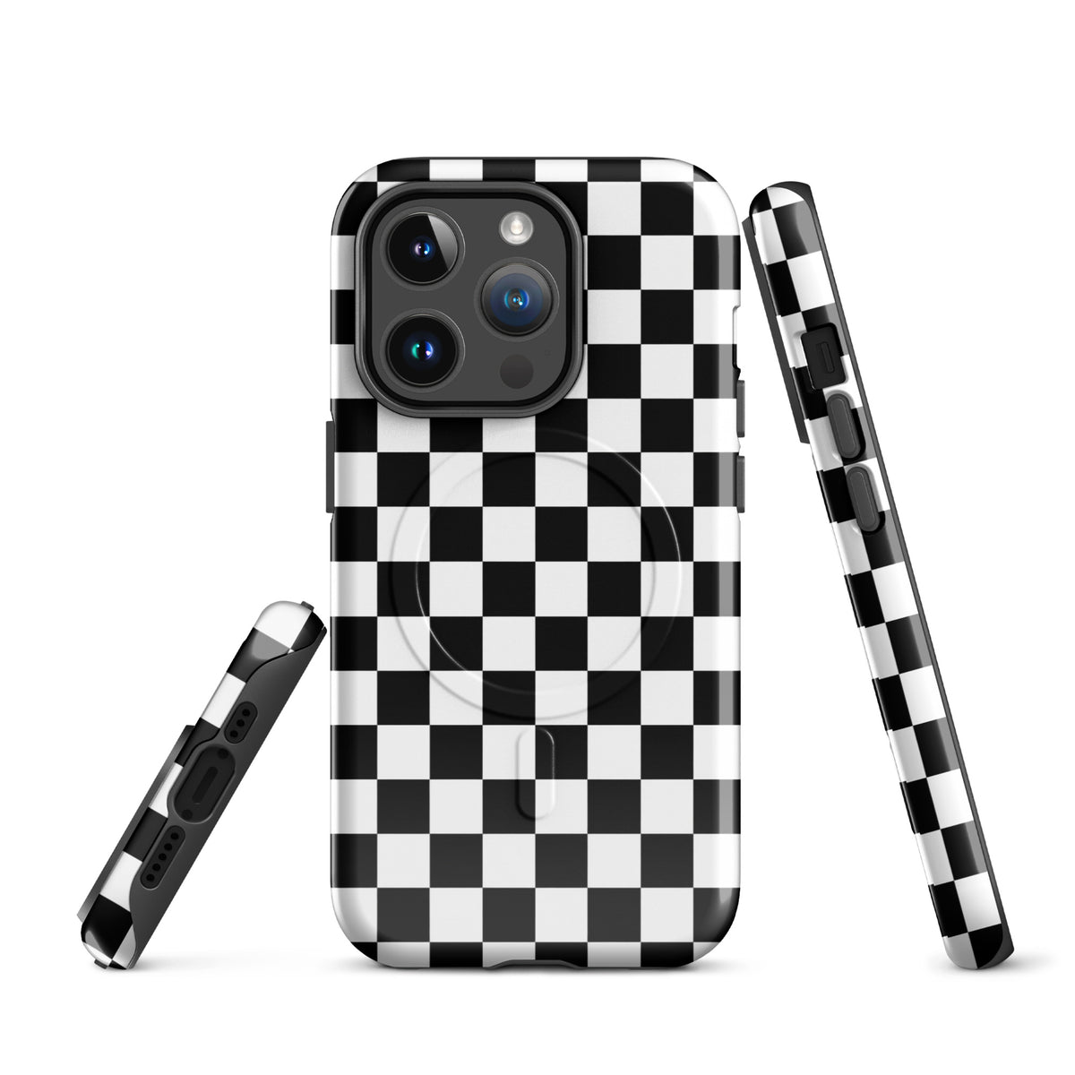 Magnetic Phone Case for iPhone featuring black-and-white checkered pattern, bold design for playful style and protection.