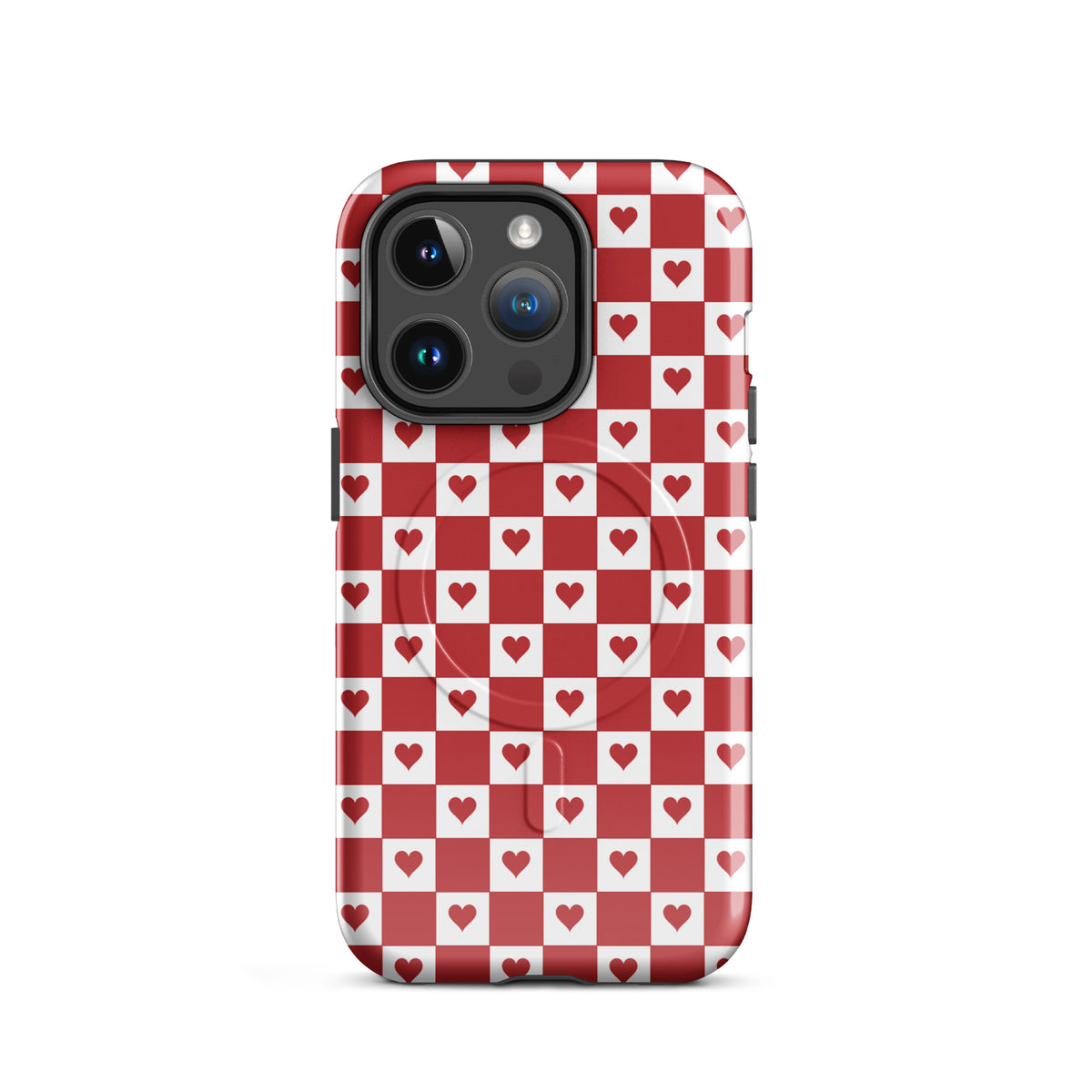 Magnetic Phone Case with red heart checkered design for iPhone, featuring charming and playful crimson hearts in a nostalgic style.