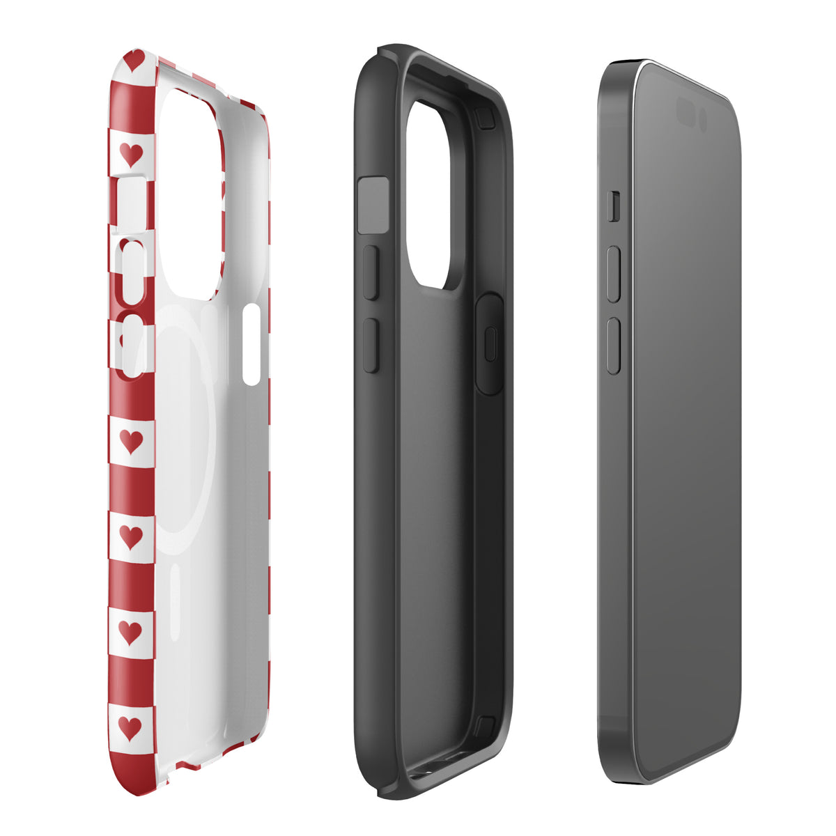 Magnetic Phone Case for iPhone with red heart checkered design, showcasing three views of stylish and protective features.