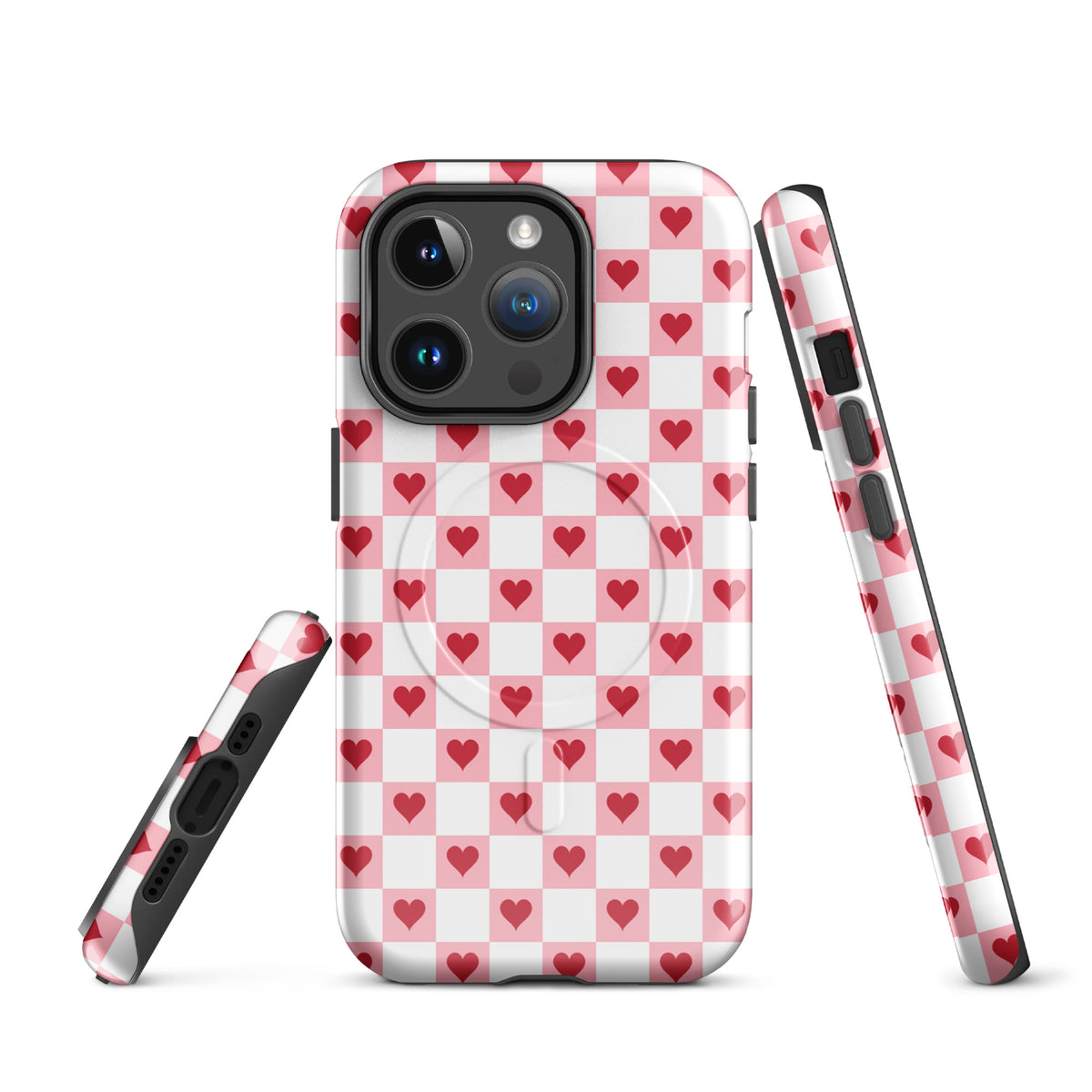 Magnetic Phone Case for iPhone in pink-and-white with red hearts checkered design, featuring charming crimson heart pattern.