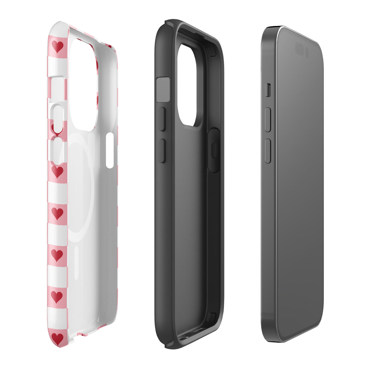 Magnetic Phone Case for iPhone with pink-and-white checkered design and red hearts