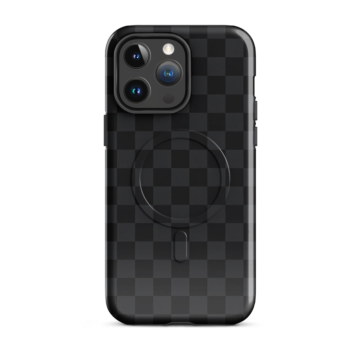 Magnetic Phone Case for iPhone in black and charcoal checkered design, showcasing sleek, modern style and device protection.