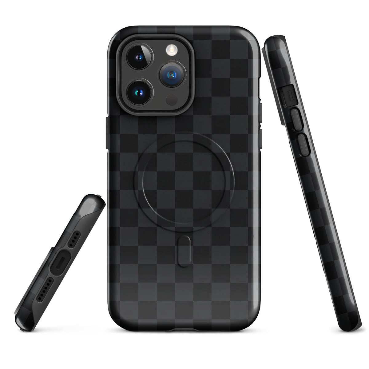 Magnetic Phone Case for iPhone with black and charcoal checkered design, showcasing sleek protection.