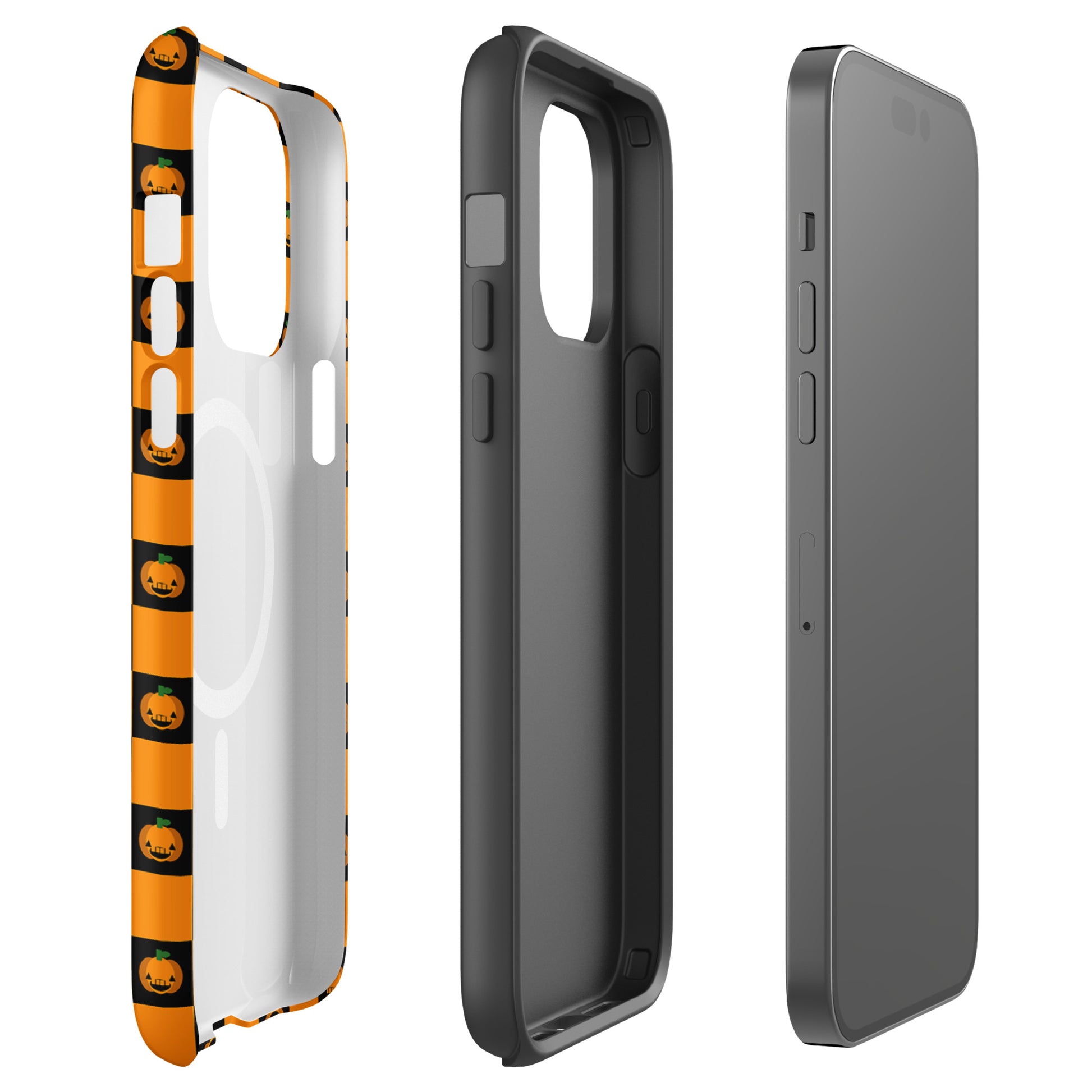 Magnetic Phone Case for iPhone with pumpkin checkered Halloween design featuring orange and black squares with jack-o'-lanterns.