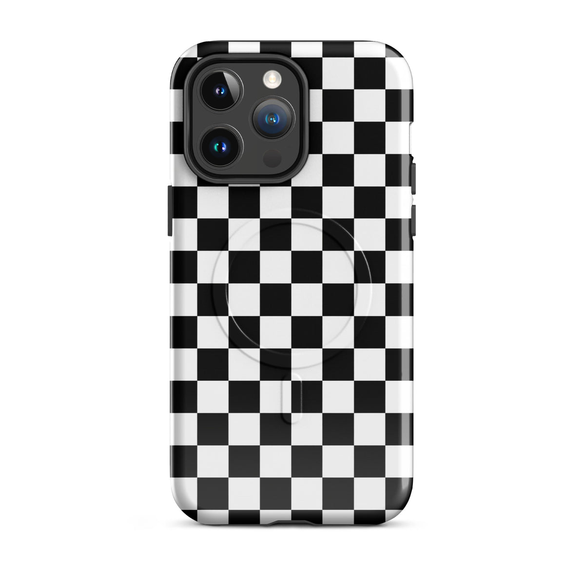 Magnetic Phone Case with bold black-and-white checkered pattern for iPhone, adding playful style and protection.